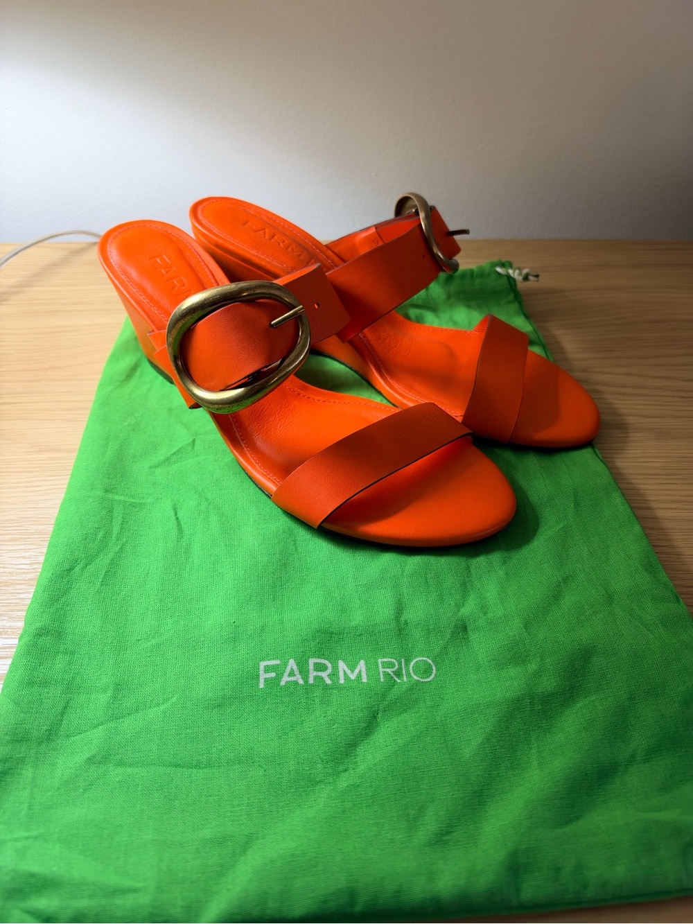 FARM RIO Orange Leather Slide Heels with Oversized Gold Buckle NWT
